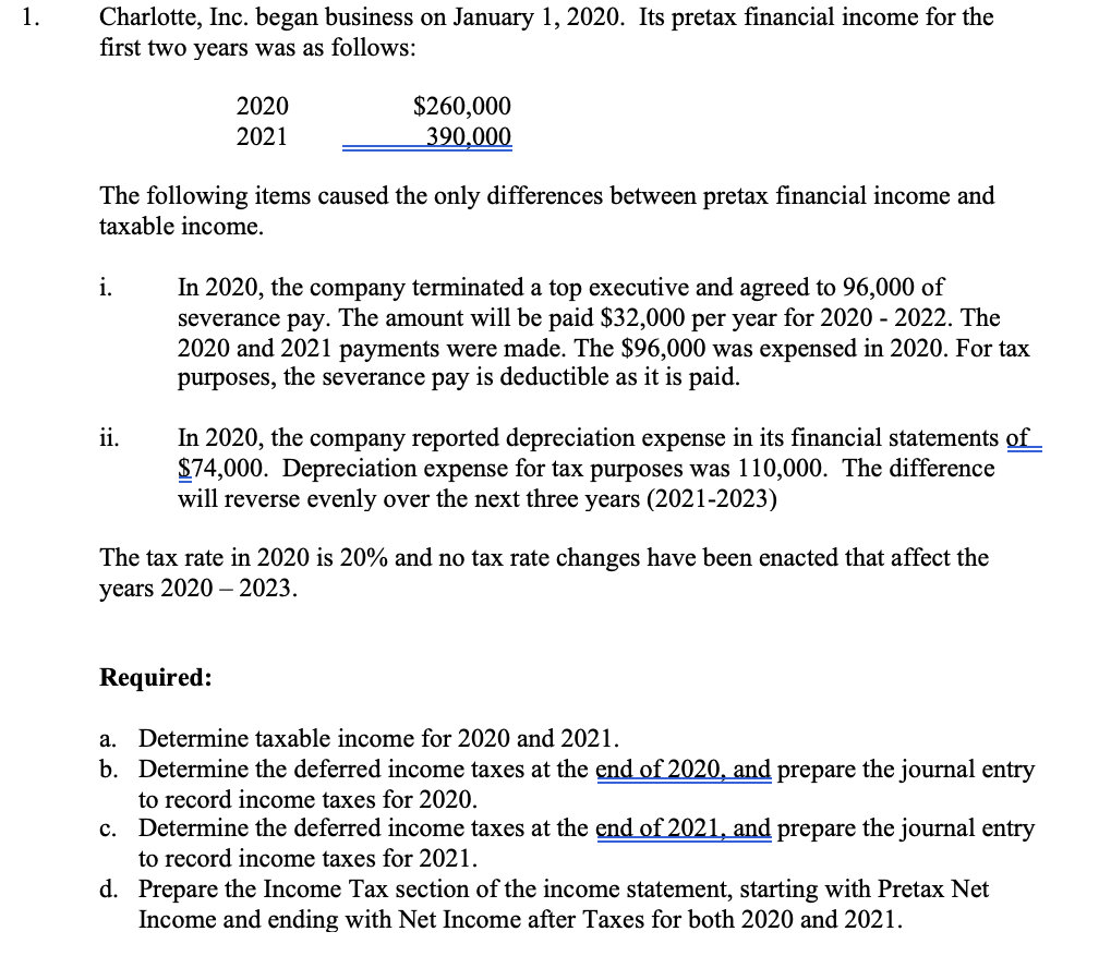 Solved 1. Charlotte, Inc. began business on January 1, 2020. | Chegg.com