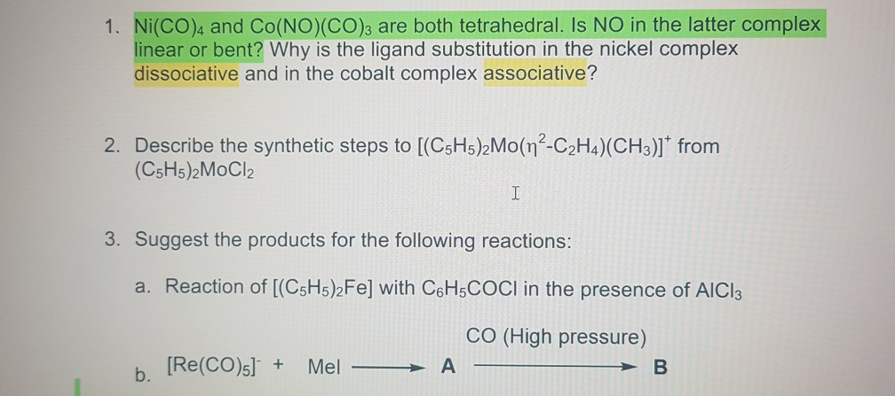 Solved 1. Ni CO 4 and Co NO CO s are both tetrahedral. Is NO