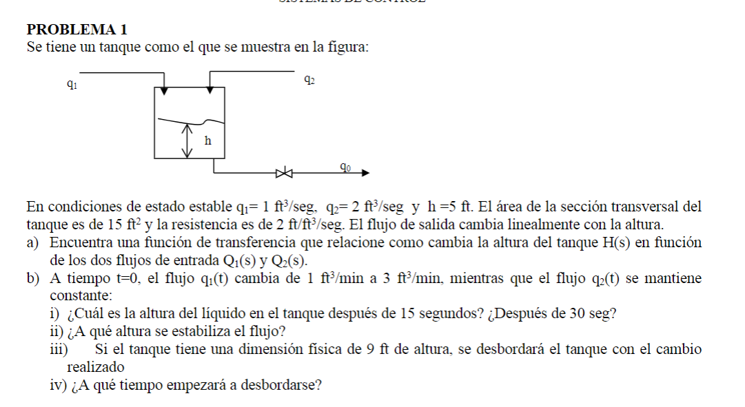 PROBLEMA 1 Se tiene un tanque como el que se muestra en la figura: En condiciones de estado estable \( \mathrm{q}_{1}=1 \math