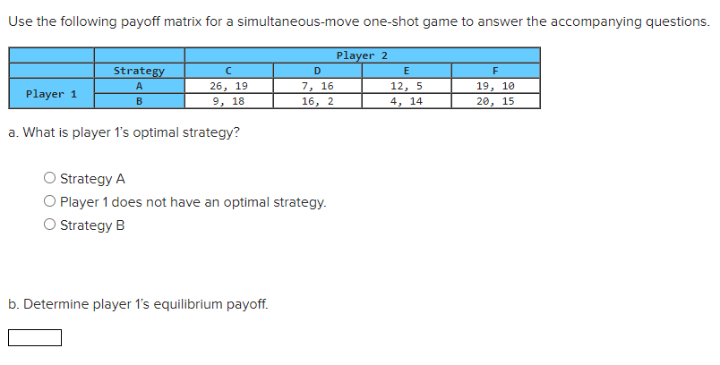 Solved Use the following payoff matrix for a | Chegg.com