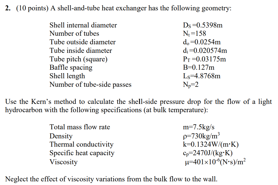 Solved 2. (10 points) A shell-and-tube heat exchanger has | Chegg.com