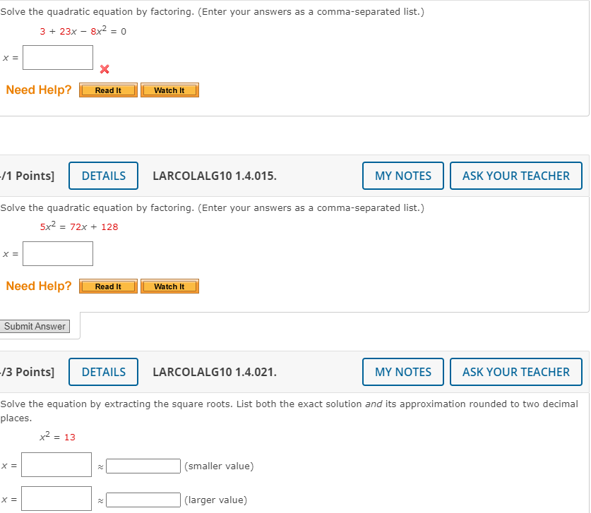 Solved Solve the quadratic equation by factoring. (Enter | Chegg.com