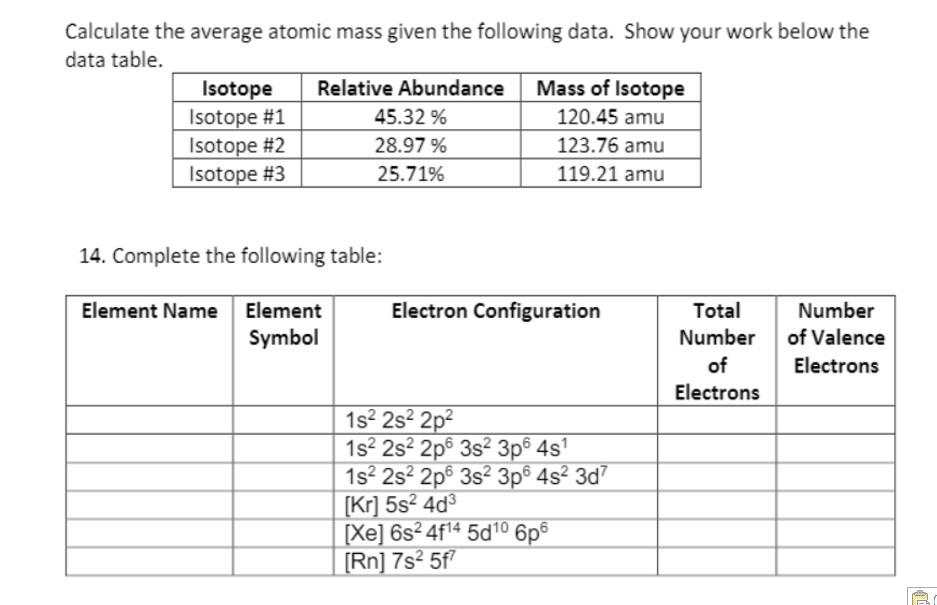 Solved Calculate the average atomic mass given the following | Chegg.com