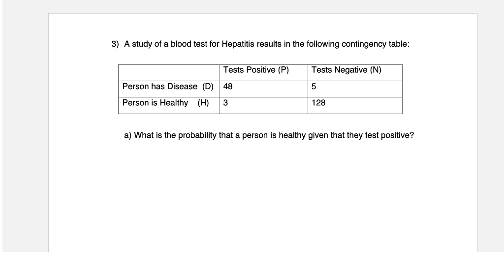 Solved A Study Of A Blood Test For Hepatitis Results In The | Chegg.com