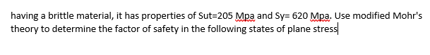 having a brittle material, it has properties of Sut-205 Mpa and Sy= 620 Mpa. Use modified Mohrs
theory to determine the fact