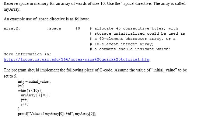 Solved Reserve space in memory for an array of words of size | Chegg.com