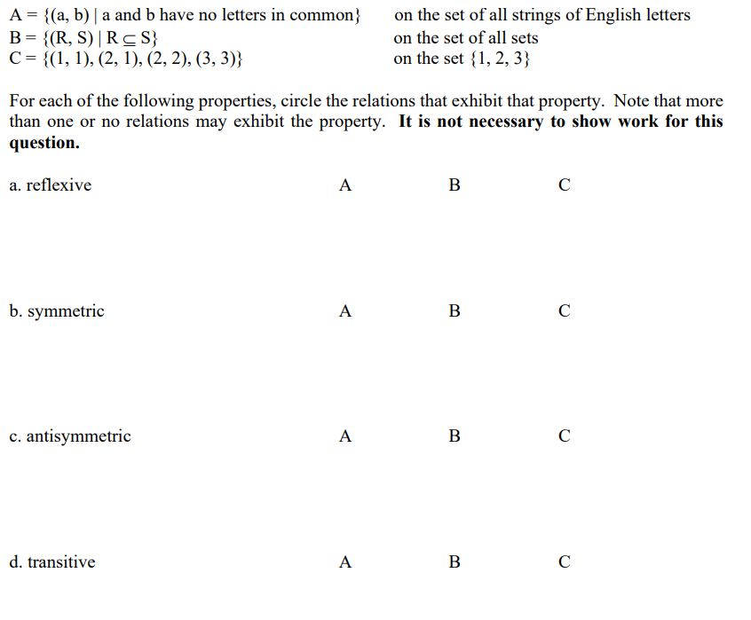 Solved A = {(a, B) A And B Have No Letters In Common} B = | Chegg.com