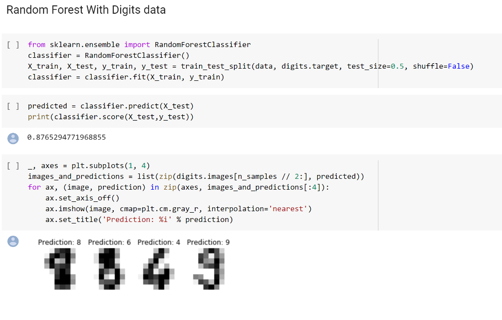 Random Forest With Digits data [] from sklearn.ensemble import RandomForestClassifier classifier = RandomForestclassifier() X