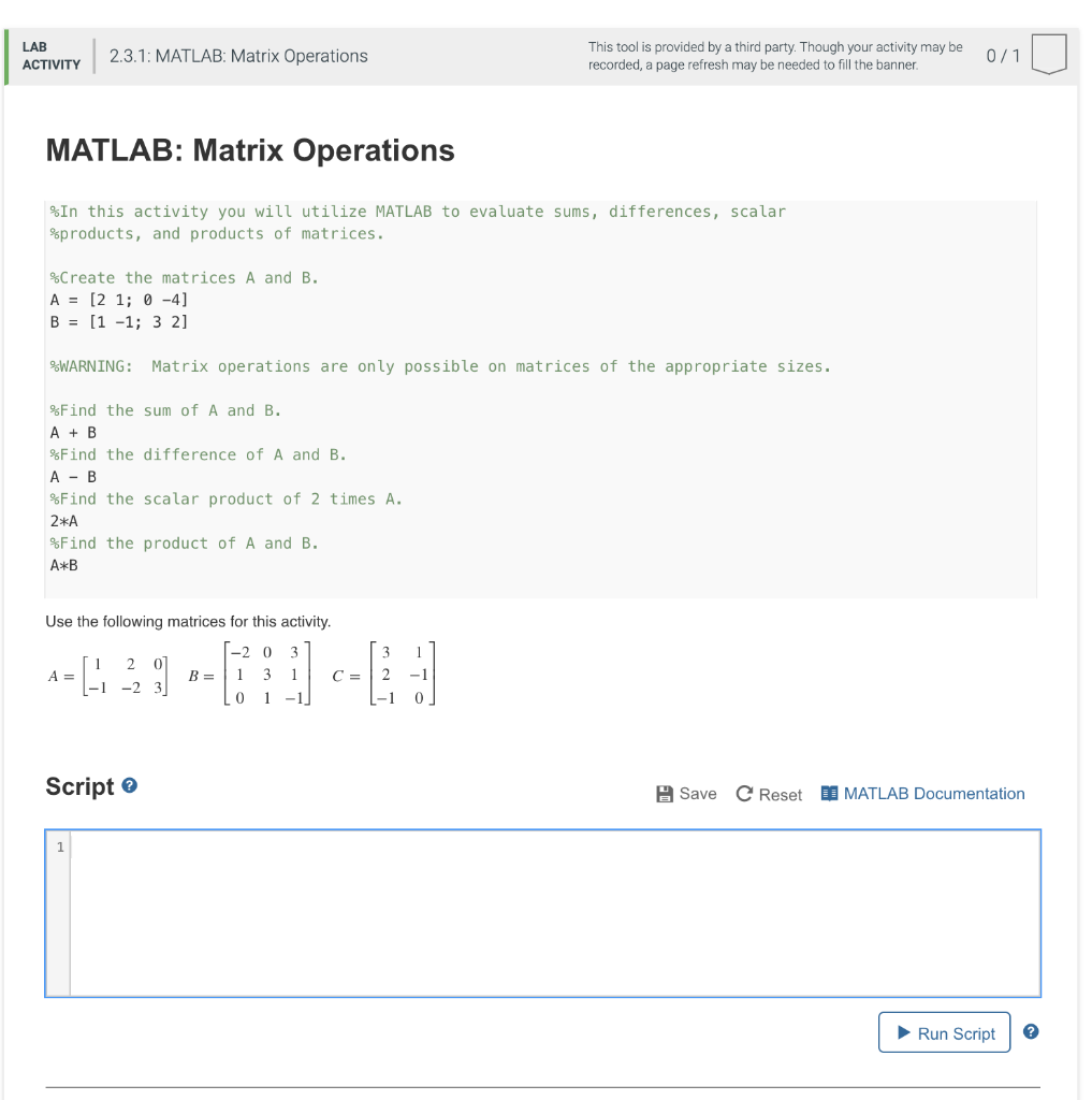 Solved LAB ACTIVITY 2.3.1: MATLAB: Matrix Operations This | Chegg.com