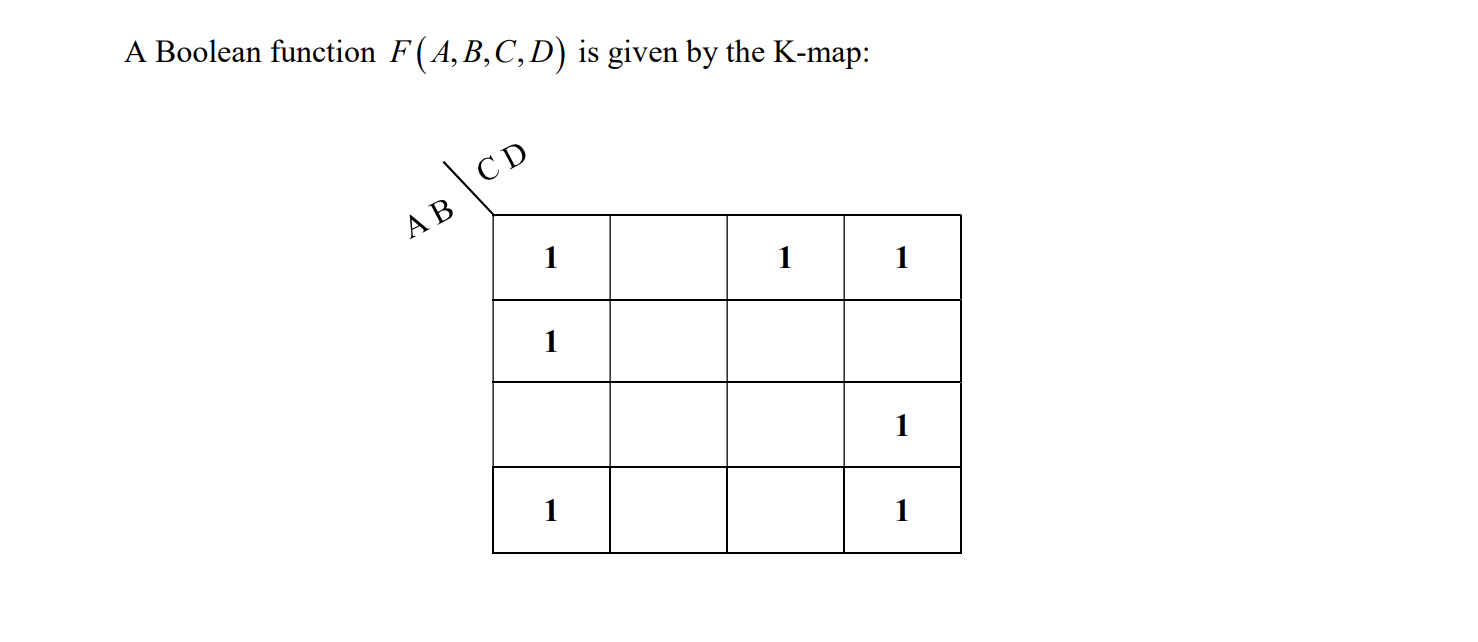 Solved A Boolean function F(A,B,C,D) is given by the K-map: | Chegg.com