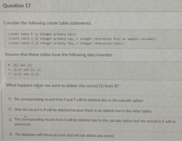 Solved Question 17 Consider The Following Create Table | Chegg.com