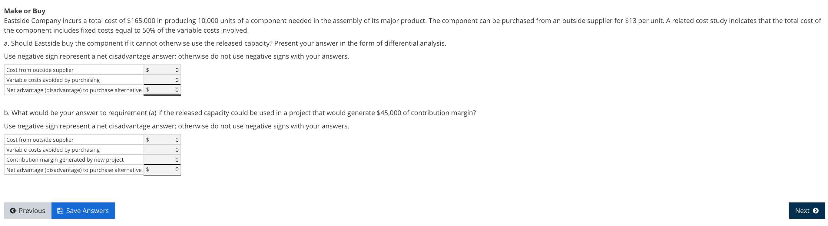 Solved Make or Buy Eastside Company incurs a total cost of