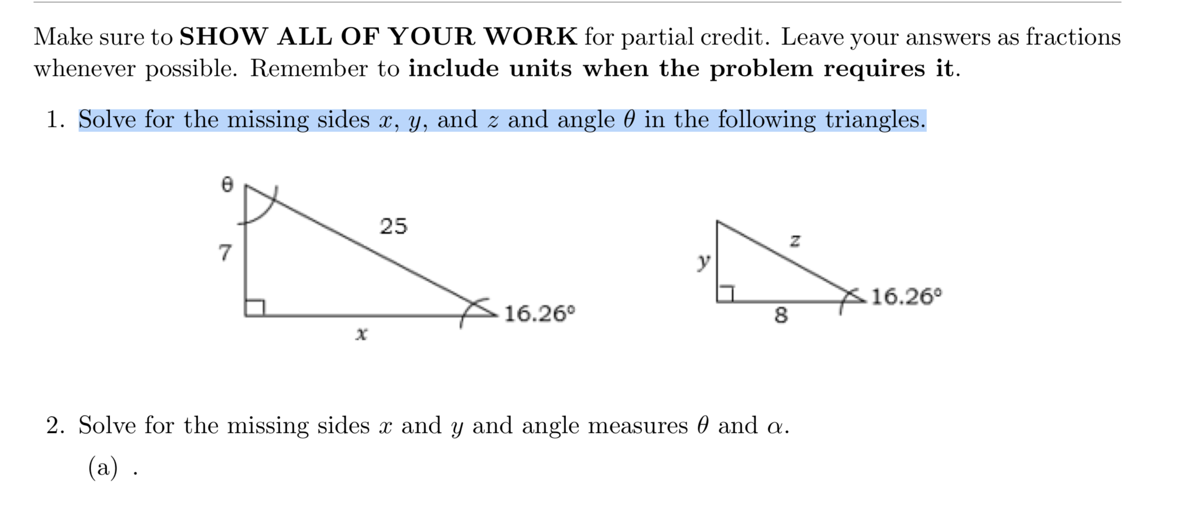 Solved Solve for the missing sides x, y, and z and angle θ | Chegg.com