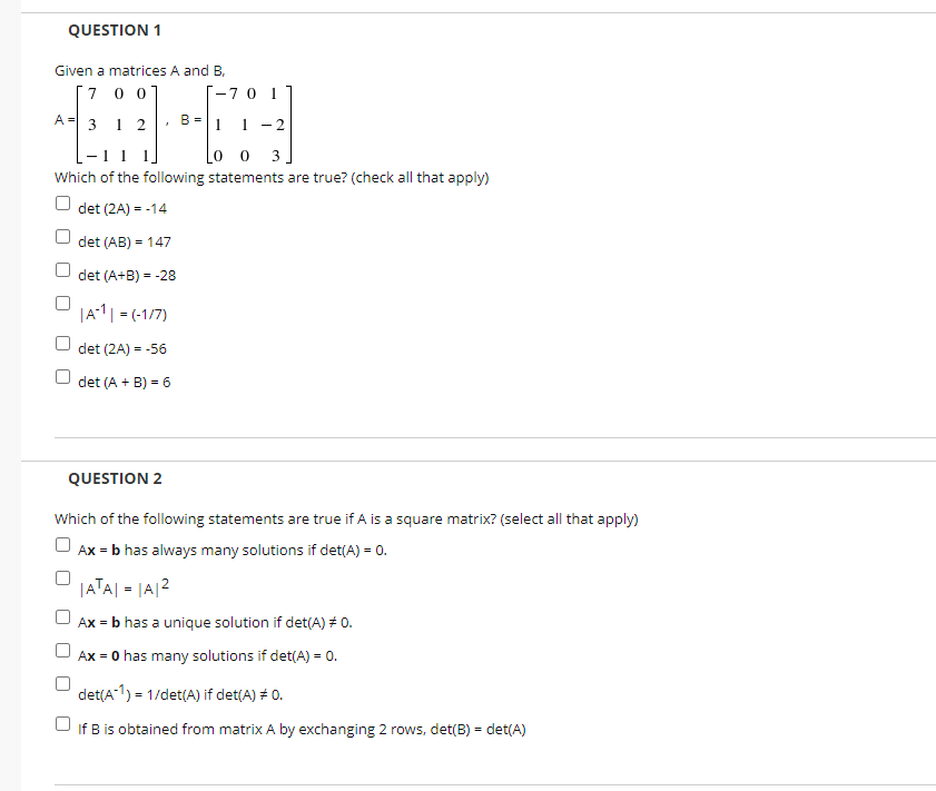 Solved QUESTION 1 Given a matrices A and B, 7 001 C-701 A= 3 | Chegg.com