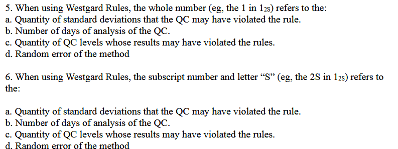 Solved 5. When Using Westgard Rules, The Whole Number (eg, | Chegg.com