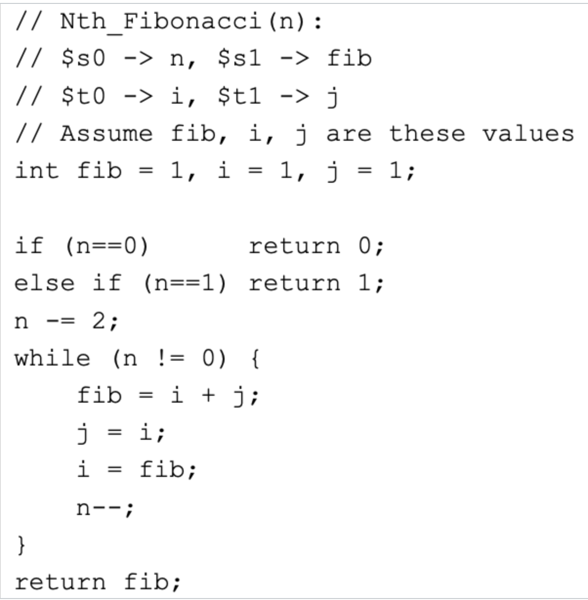 Solved // Nth_Fibonacci(n): // ss0 >n,ss1→fib // \$t0 -> i, | Chegg.com