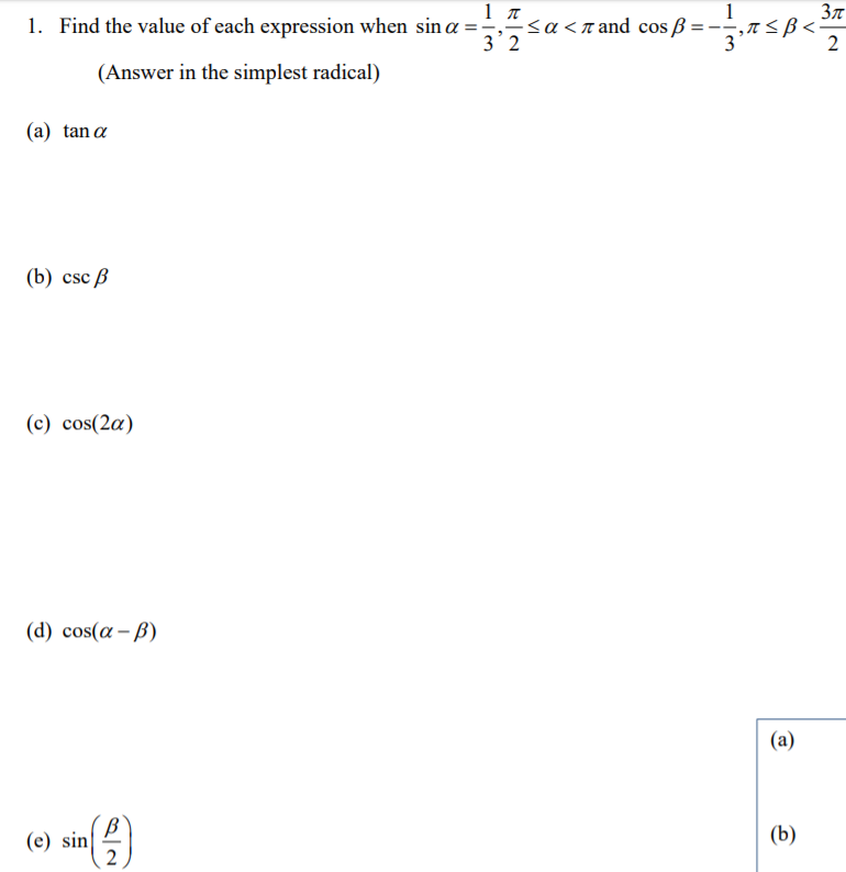Solved 1 31 11 1. Find the value of each expression when sin | Chegg.com