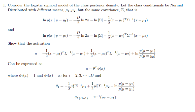 1. Consider the logistic sigmoid model of the class | Chegg.com