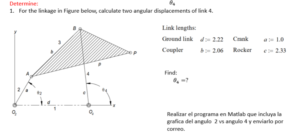 Determine: 1. For the linkage in Figure below, calculate two angular displacements of link 4. Link lengths: Ground link \( \q