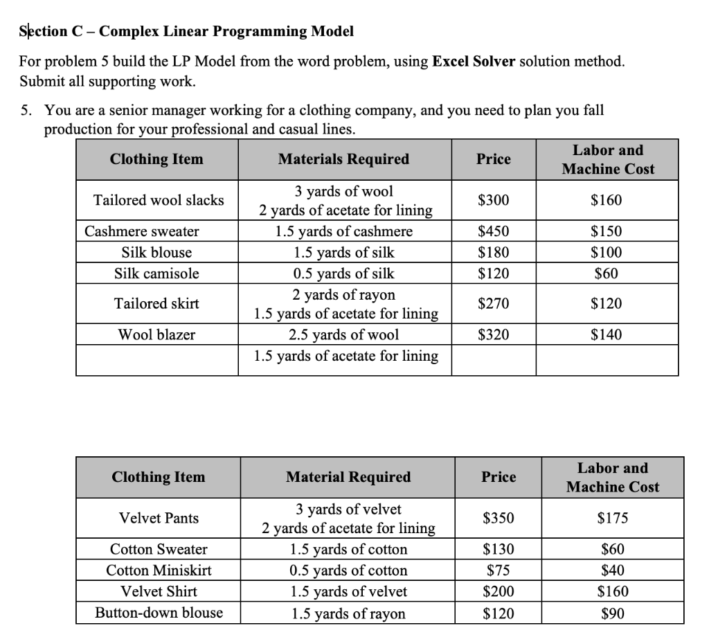 Section C - Complex Linear Programming Model For | Chegg.com