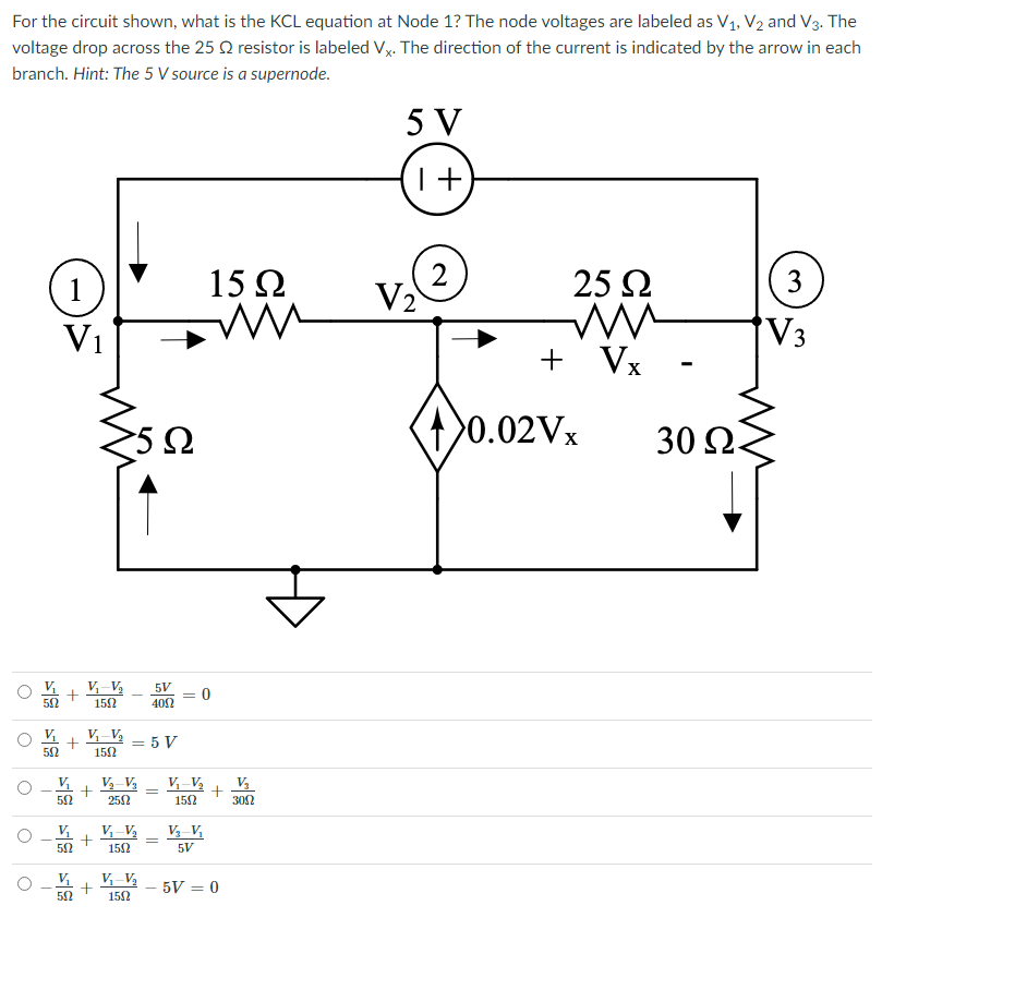 Solved For the circuit shown, what is the KCL equation at | Chegg.com