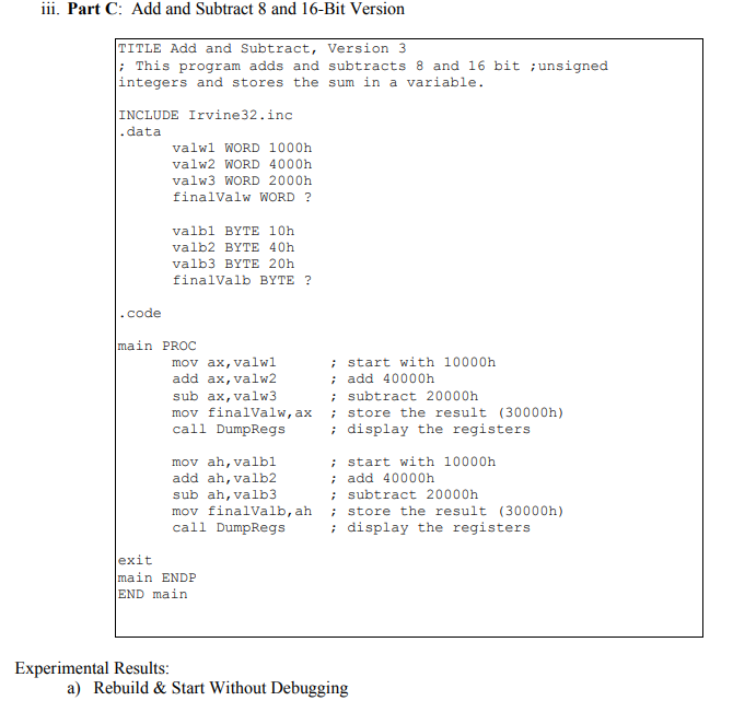 iii. Part C: Add and Subtract 8 and 16-Bit Version | Chegg.com