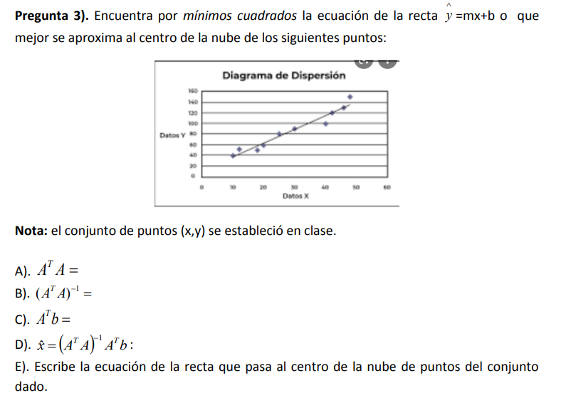 Pregunta 3). Encuentra por mínimos cuadrados la ecuación de la recta \( y=m x+b \) o que mejor se aproxima al centro de la nu