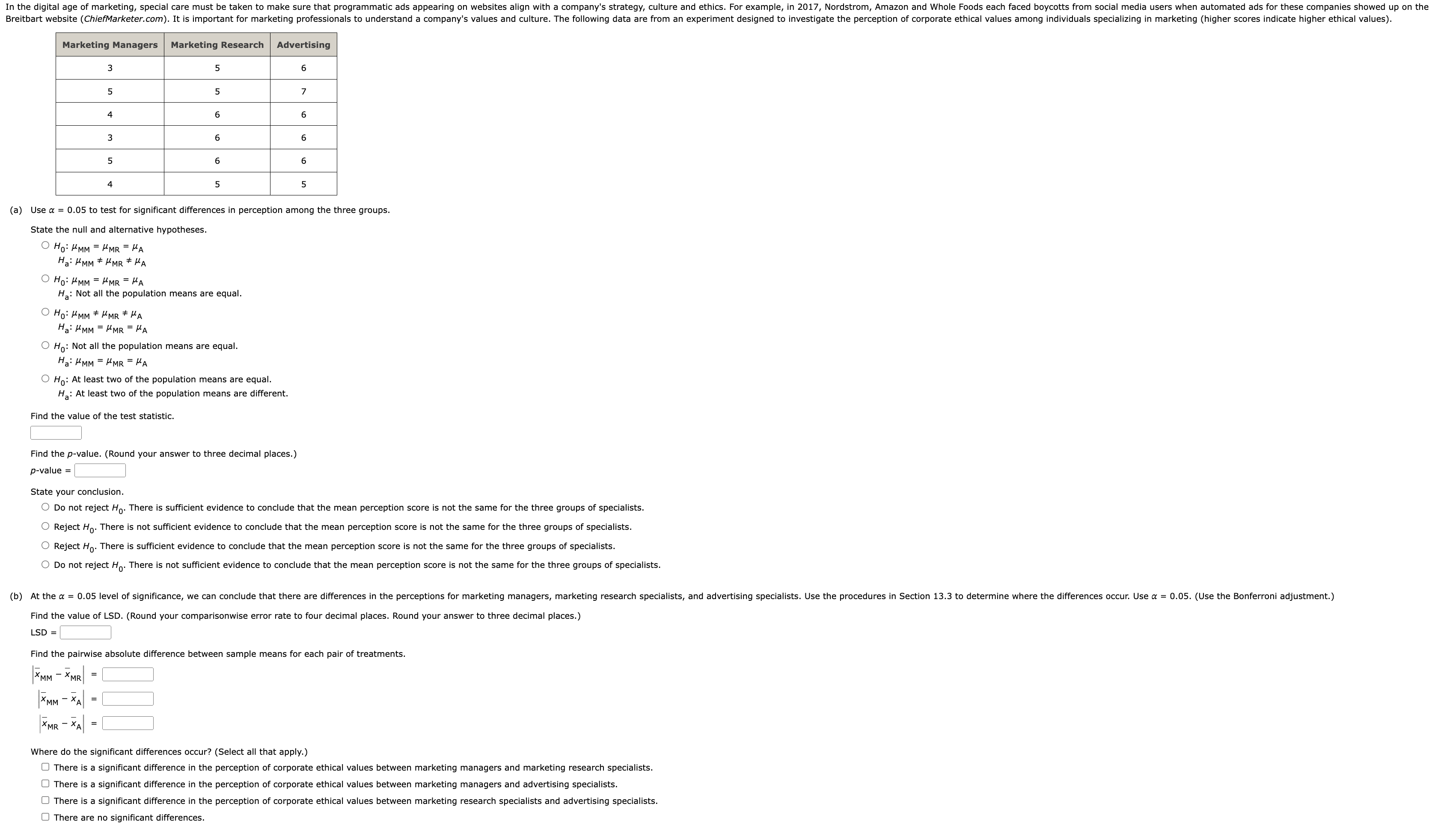 Solved a) Use α=0.05 to test for significant differences in | Chegg.com
