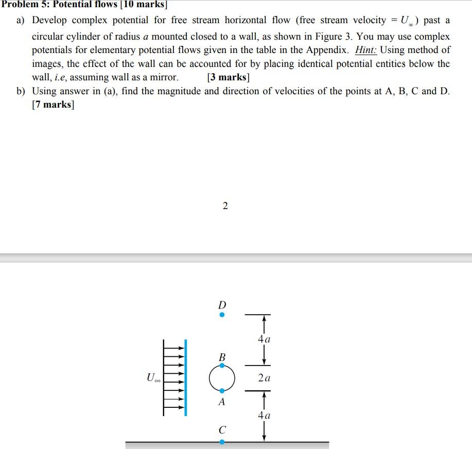 a) Develop complex potential for free stream horizontal flow (free stream velocity \( =U_{\infty} \) ) past a circular cylind