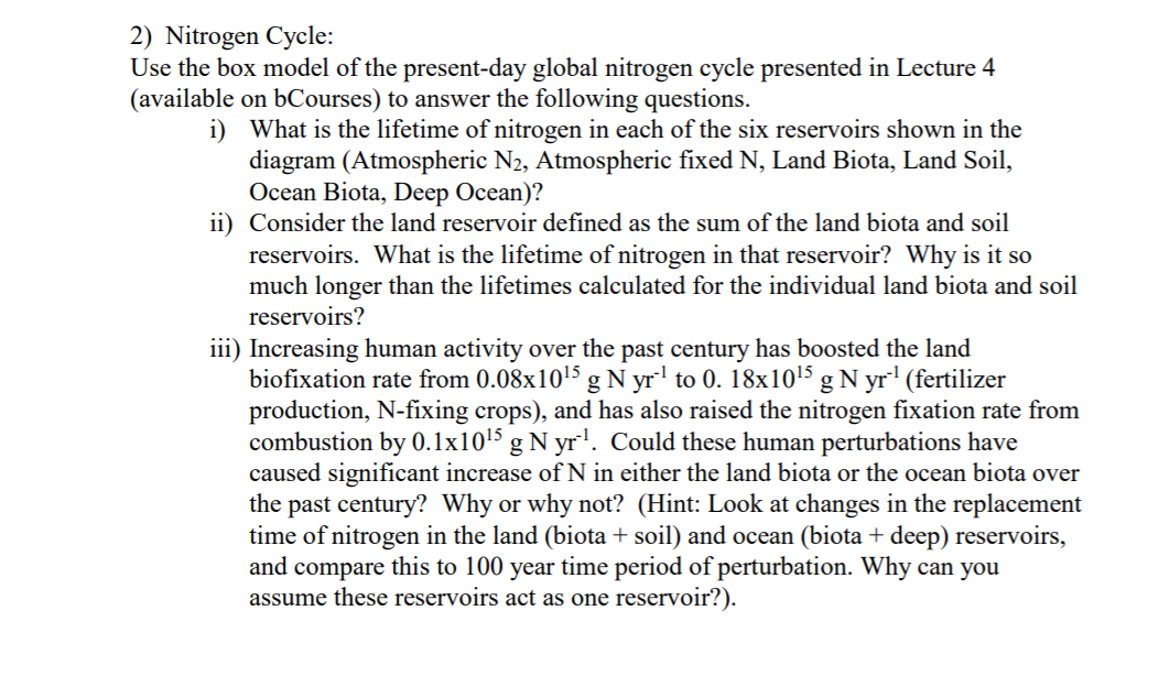 2) Nitrogen Cycle: Use the box model of the | Chegg.com