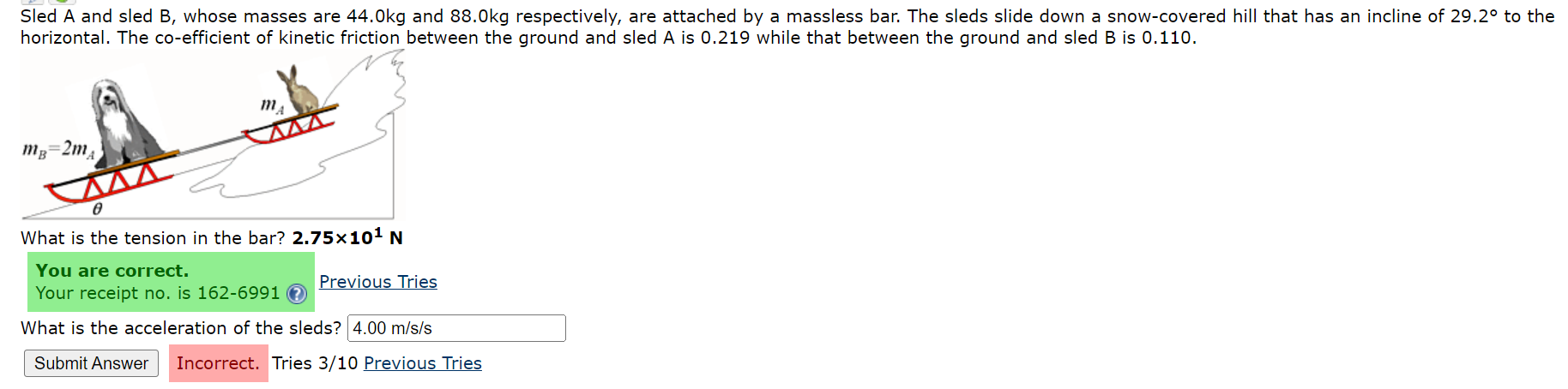 Solved Sled A And Sled B, Whose Masses Are 44.0 Kg And 88.0 | Chegg.com