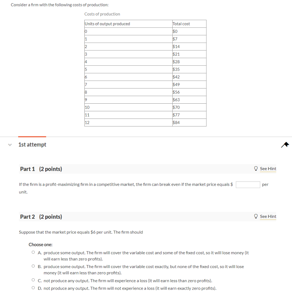 Solved Consider A Firm With The Following Costs Of | Chegg.com