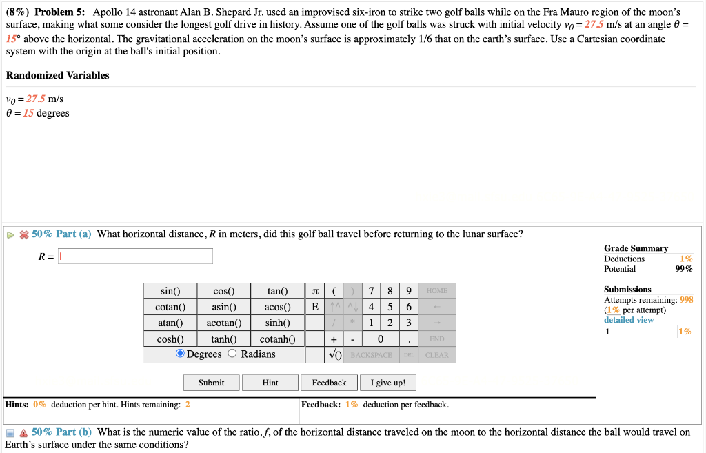 Solved (8\%) Problem 5: Apollo 14 Astronaut Alan B. Shepard | Chegg.com