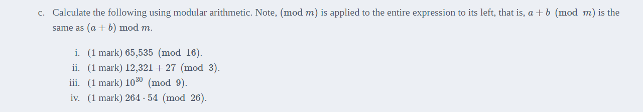 Solved C. Calculate The Following Using Modular Arithmetic. | Chegg.com