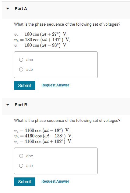 Solved Part A What is the phase sequence of the following | Chegg.com