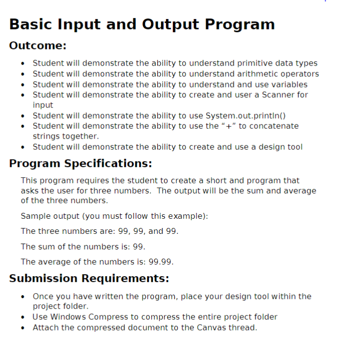 Solved Basic Input and Output Program Outcome: - Student | Chegg.com