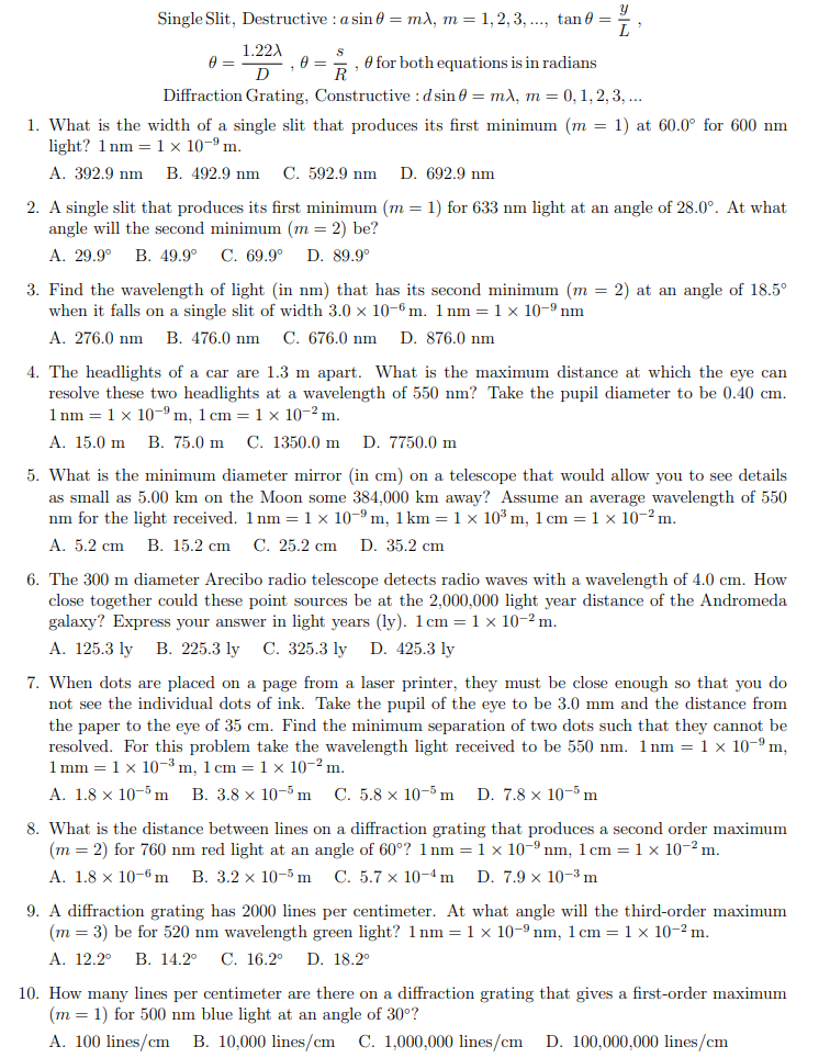 Solved 분 S y Single Slit, Destructive : a sin = m, | Chegg.com