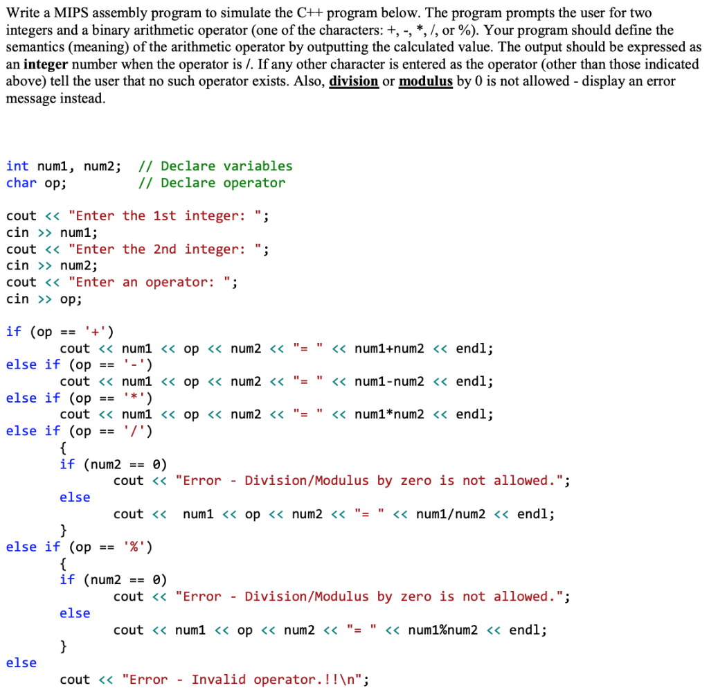 Solved Write a MIPS assembly program to simulate the C++ | Chegg.com