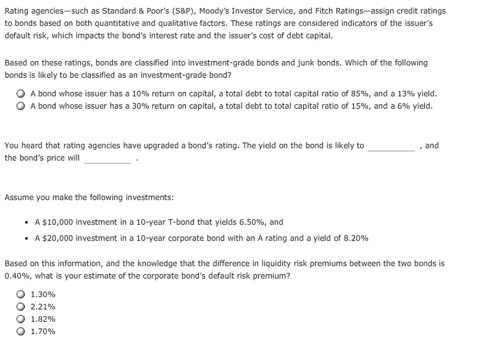 Solved Rating agenciessuch as Standard & Poor's (S&P),
