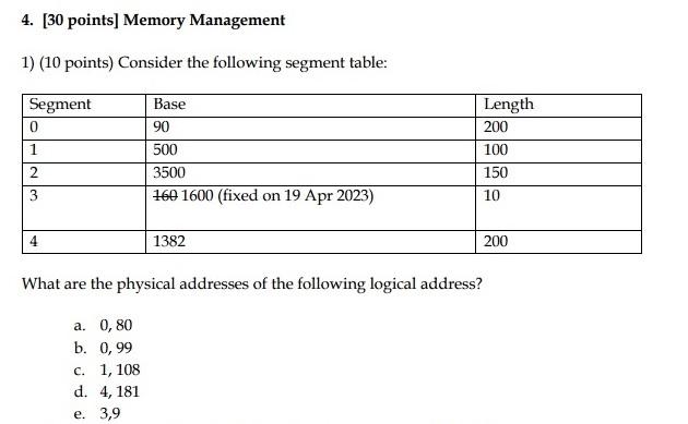 Solved 4. [ 30 points] Memory Management 1) (10 points) | Chegg.com