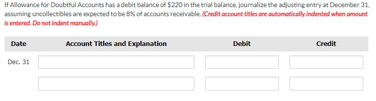 Solved If Allowance for Doubtful Accounts has a credit | Chegg.com