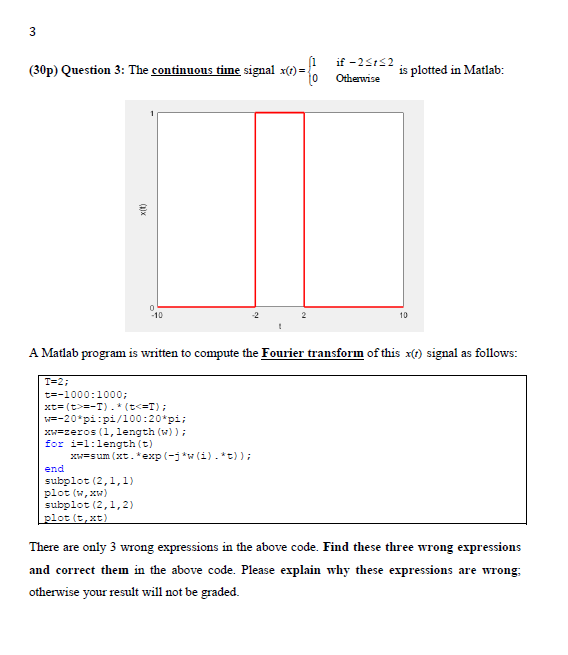 Solved 3 (30p) Question 3: The continuous time signal x(t)= | Chegg.com