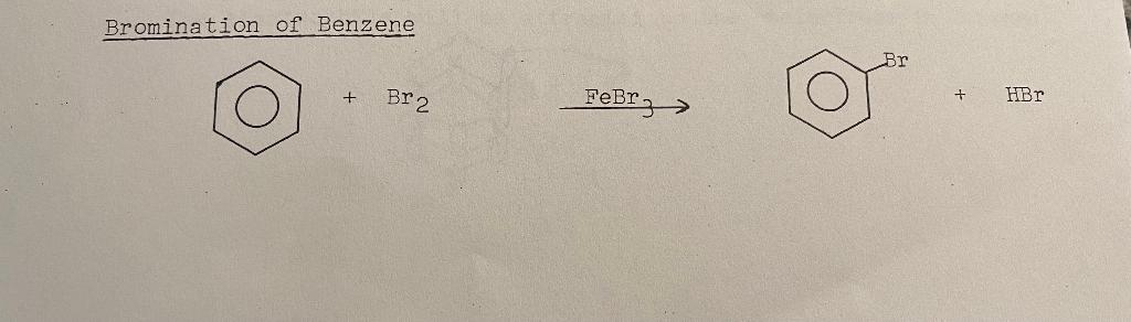 Bromination of Benzene
\( +\mathrm{Br}_{2} \)
\( \mathrm{FeBr}_{3} \rightarrow \)
\( +\mathrm{HBr} \)