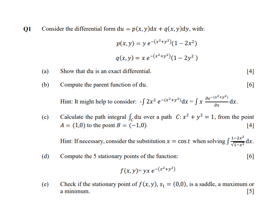 Solved Q1 Consider the differential form du = p(x,y)dx | Chegg.com