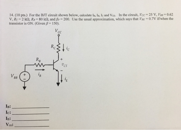 Solved 14. (10 pts.) For the BJT circuit shown below, | Chegg.com