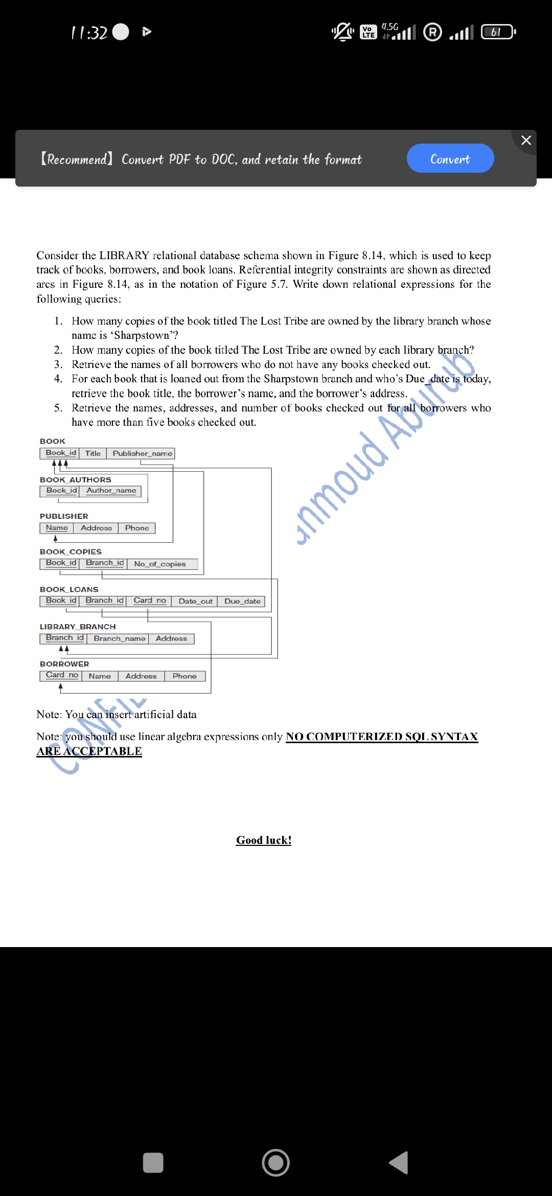 Solved Consider the LIBRARY relational database schema shown | Chegg.com