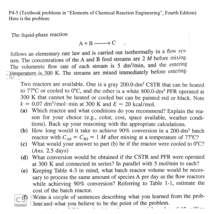 P4-5 (Textbook Problems In "Elements Of Chemical | Chegg.com