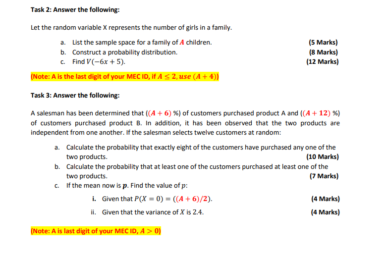 Solved Task 2: Answer the following: Let the random variable | Chegg.com