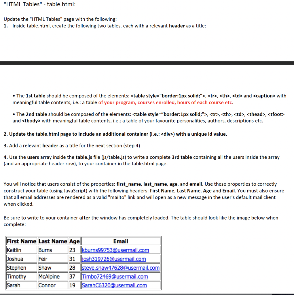 Solved HTML Tables - table.html: Update the HTML Tables