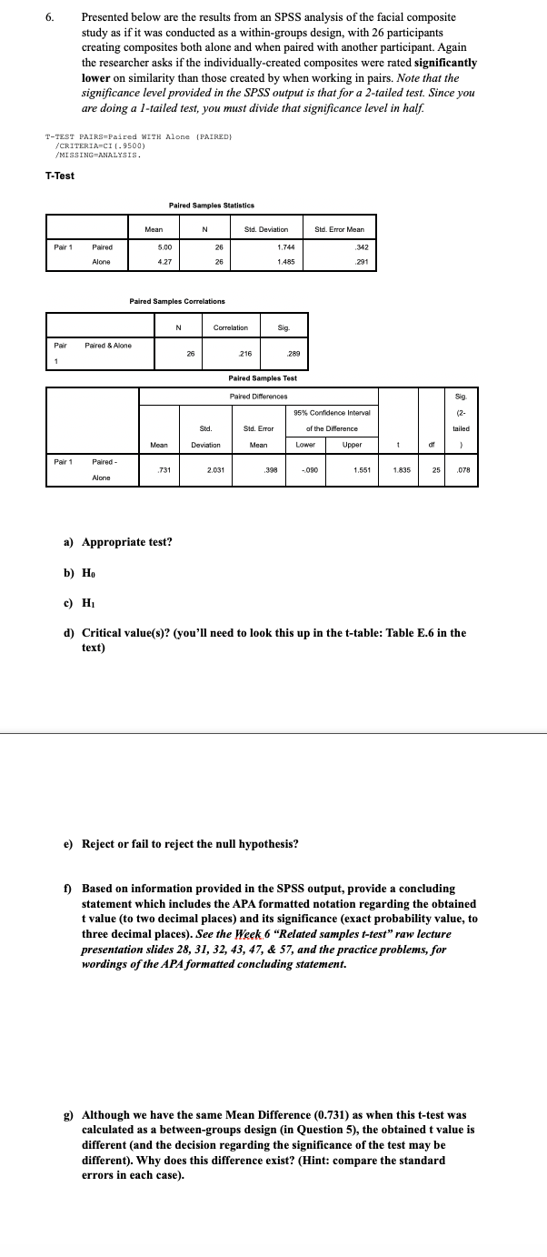 Solved 6. Presented below are the results from an SPSS | Chegg.com